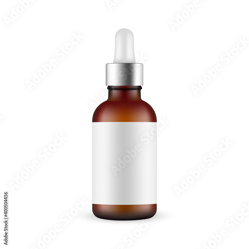 Frosted Dark Glass Dropper Bottle Mockup With Metal Cap, Blank Label, Front View, Isolated on White Background. Vector Illustration