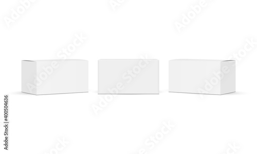 Three Small Rectangular Paper Boxes Mockups, Front and Side View, Isolated on White Background. Vector Illustration