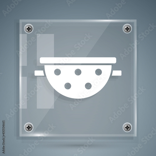 White Kitchen colander icon isolated on grey background. Cooking utensil. Cutlery sign. Square glass panels. Vector.