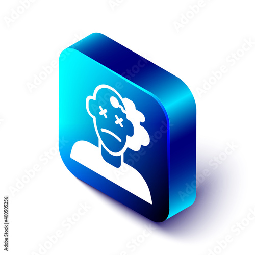 Isometric Murder icon isolated on white background. Body, bleeding, corpse, bleeding icon. Concept of crime scene. Blue square button. Vector.