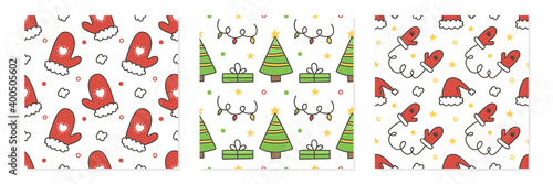 Set, collection of doodle vector seamless pattern backgrounds with christmas trees, garlands, santa hats, red mittens and gifts.
