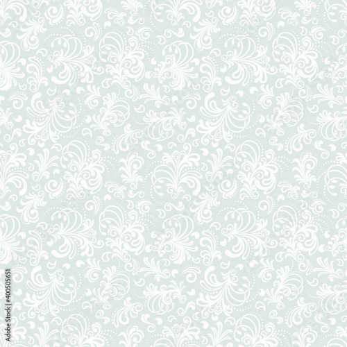 Seamless grey background with white pattern in baroque style. Vector retro illustration. Ideal for printing on fabric or paper for wallpapers, textile, wrapping. 