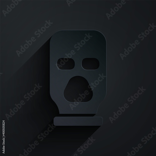 Paper cut Balaclava icon isolated on black background. A piece of clothing for winter sports or a mask for a criminal or a thief. Paper art style. Vector.