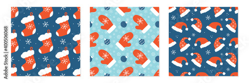 Set, collection of vector seamless pattern backgrounds with winter christmas clothes, santa hats, red mittens and christmas stockings.