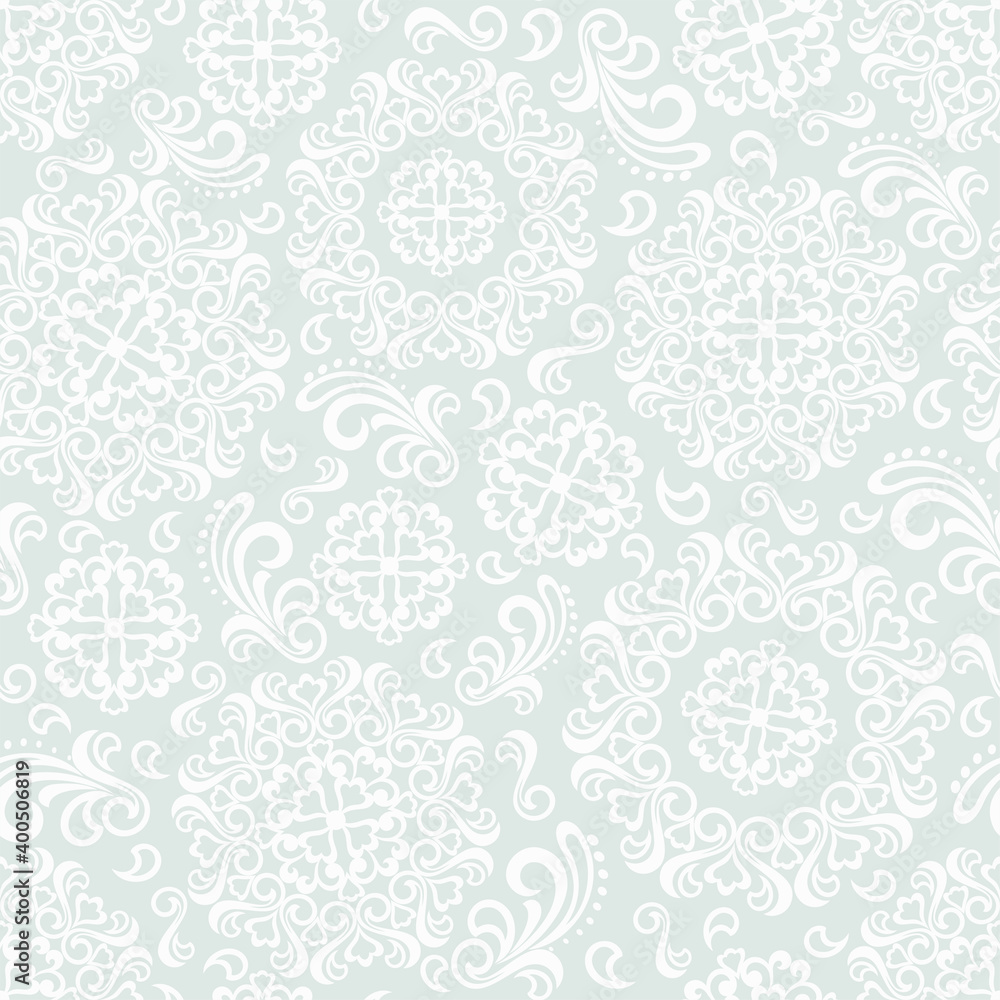 Seamless grey background with white pattern in baroque style. Vector retro illustration. Ideal for printing on fabric or paper for wallpapers, textile, wrapping. Seamless grey background with white pattern in baroque style. Vector retro illustration. Ideal for printing on fabric or paper for wallpapers, textile, wrapping.