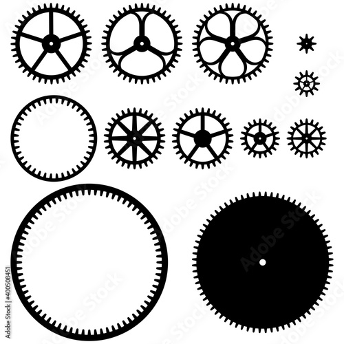 A collection of cogwheels with external and internal teeth. Vector illustration.