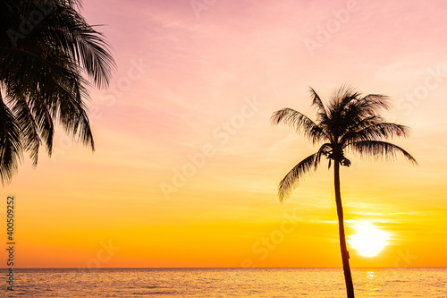 Beautiful landscape of sea ocean with silhouette coconut palm tree