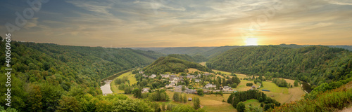 Panorama view on Frahan and Semois river from viewpoint Rochehaut, Bouillon, Wallonia, Belgium. Horseshoe bend. Province of Luxembourg