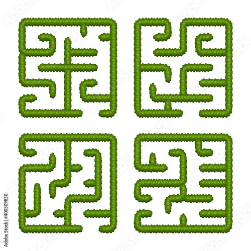 Set education logic games bush labyrinths for kids. Find right way. Isolated simple square mazes on white background.