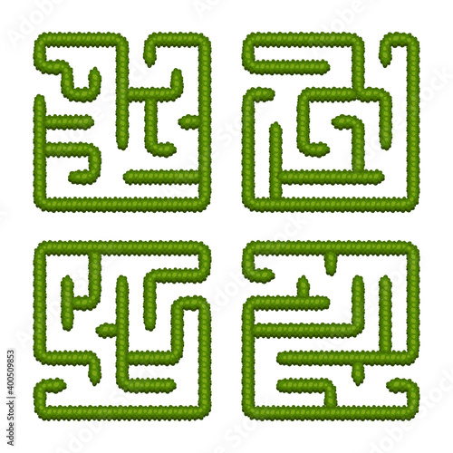 Set education logic games bush labyrinths for kids. Find right way. Isolated simple square mazes on white background.