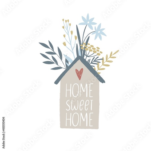 Handdrawn house and wildflowers. Wild flowers in a modern style. Flat illustration for home decor and textile.