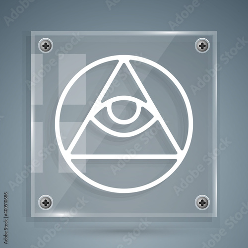 White Masons symbol All-seeing eye of God icon isolated on grey background. The eye of Providence in the triangle. Square glass panels. Vector.