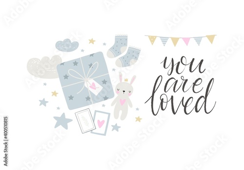 Baby Shower vector flat lay. Cute vector flat illustration for newborn