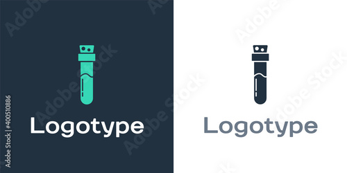 Logotype Bottle with potion icon isolated on white background. Flask with magic potion. Happy Halloween party. Logo design template element. Vector.
