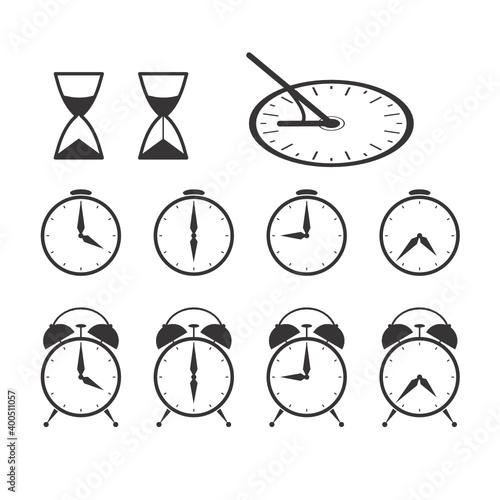 Icon set of clocks and watches. Black and white images isolated on a white background. Vector illustration.