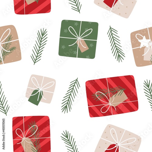 Hand Drawn Flat Lay Merry Christmas. Vector Happy New Year seamless pattern 2020. Winter Flat lay with gifts, stars, sparkles, box, card and Christmas tree branch