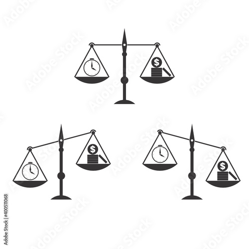 Time is money concept. Icon set of equal-arm balances with coins and stopwatch. Black and white images isolated on a white background. Vector illustration.