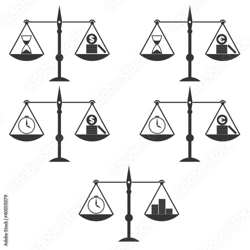Time is money concept. Icon set of equal-arm balances with coins and watches. Black and white images isolated on a white background. Vector illustration.