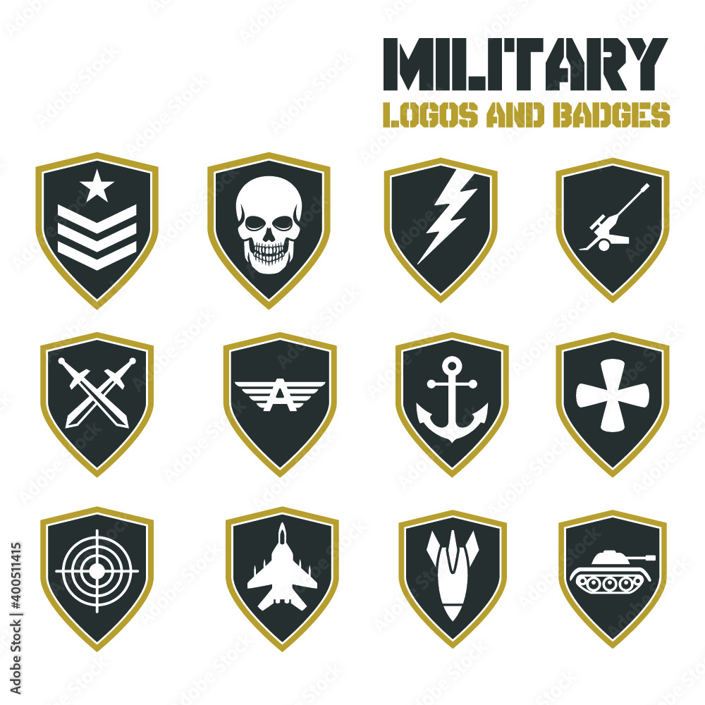 Military emblems set isolated vector illustration. Army logo collection