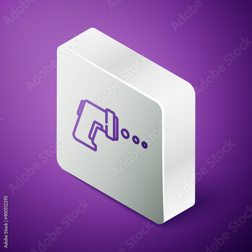 Isometric line Digital contactless thermometer with infrared light icon isolated on purple background. Silver square button. Vector.