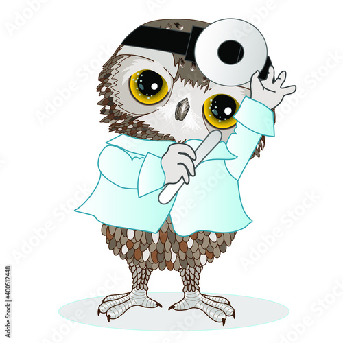 emoji with owl ENT or ear, nose and throat medical doctor prepares his head mirror device to examine and diagnose patient, hand drawn emoticon