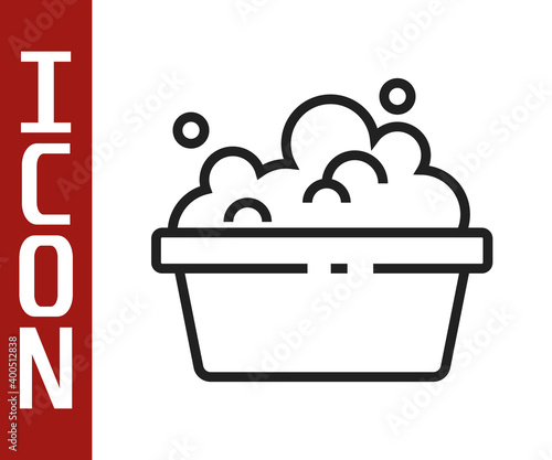 Black line Plastic basin with soap suds icon isolated on white background. Bowl with water. Washing clothes, cleaning equipment.  Vector.