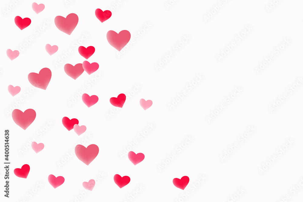 Red hearts falling  soft colors, horizontal frame , vector background, hearts pattern