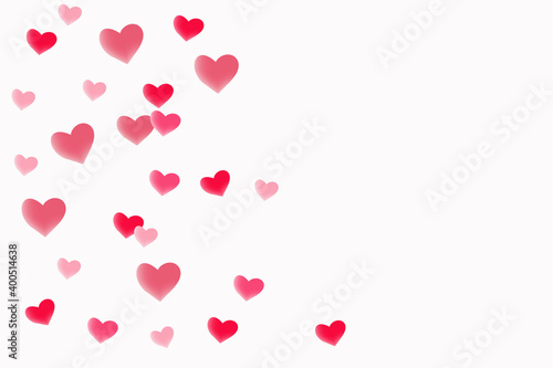 Red hearts falling soft colors, horizontal frame , vector background, hearts pattern