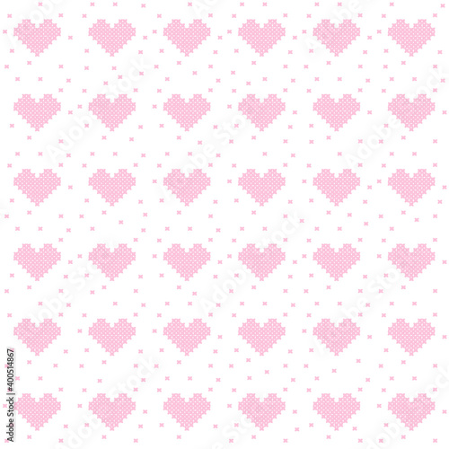 seamless pattern with pink hearts, cross stitch sytle , white background