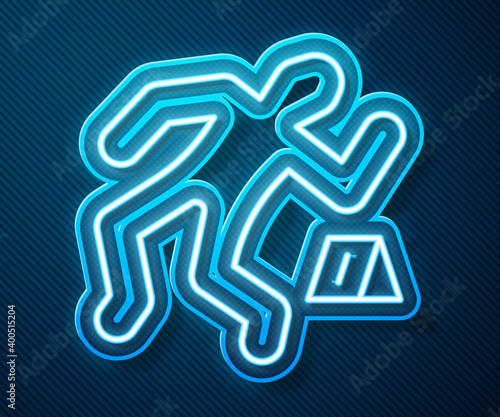 Glowing neon line Crime scene icon isolated on blue background.  Vector.