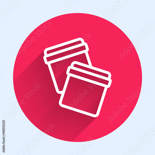 White line Plastic bag with ziplock icon isolated with long shadow. Red circle button. Vector.