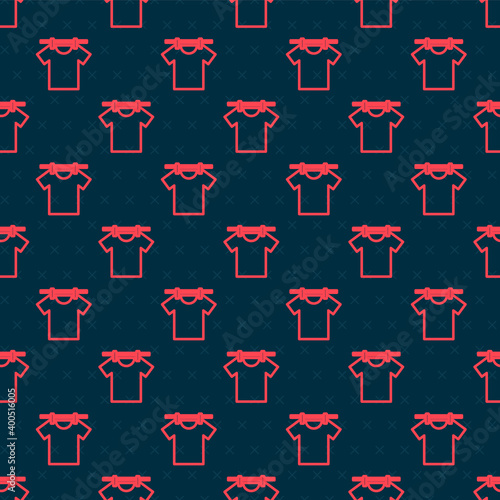 Red line Drying clothes icon isolated seamless pattern on black background. Clean shirt. Wash clothes on a rope with clothespins. Clothing care and tidiness.  Vector.