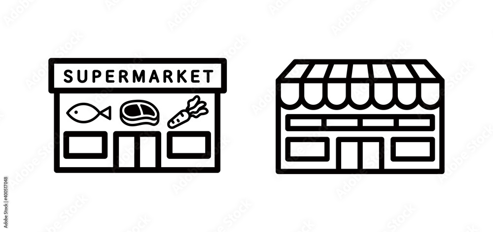 スーパーマーケットのアイコンセット 店 食料品店 イラスト 店舗 食品店 建物 お店 Stock Vector Adobe Stock