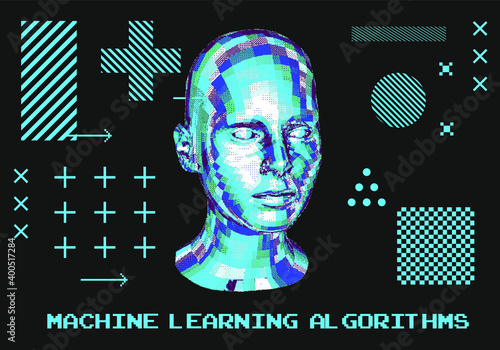 Artificial Intelligence concept. Android machine head made of pixels.