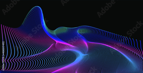 Colorful neon modern background. Abstract glitched texture with gradient vibrant bright wavy lines.