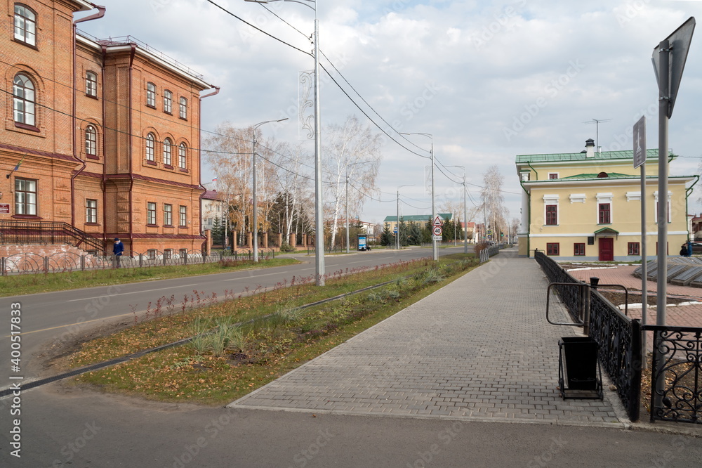 The central Lenin street in the historic city center passes by the school. Yeniseysk. Krasnoyarsk Territory. Russia.