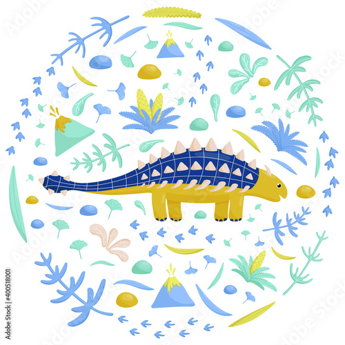 Round picture with cute ankylosaurus surrounded ancient plant.