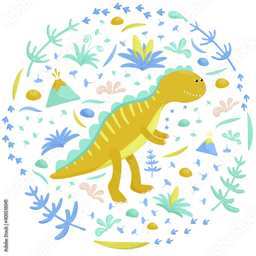 Round picture with cute tyrannosaurus surrounded ancient plant.
