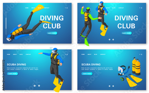 Scuba diving concept banners set. Diving training. Diving club.