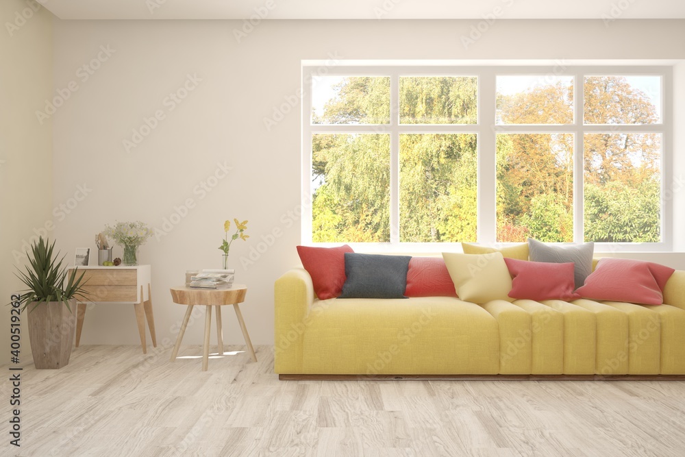 Fototapeta premium Modern room in illuminating yellow color with sofa and autumn landscape in window. Scandinavian interior design. 3D illustration