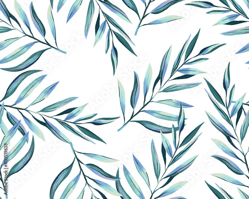 Floral pattern of twigs with leaves. Green leaves on a white background are painted in watercolor technique.