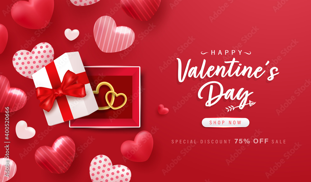 Naklejka premium Happy Valentine Day background or banner with lovely heart and gift box elements.