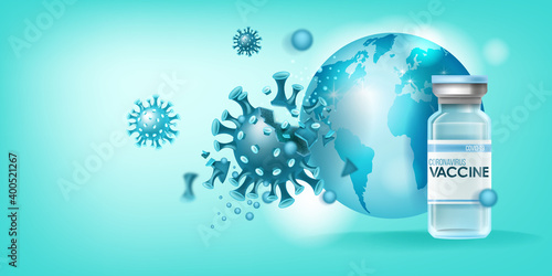 Coronavirus vaccine medical pandemic concept with disease molecule falling apart, medical flask, globe,world map. Scientific global COVID-19 spreading prevention background. Coronavirus vaccine banner