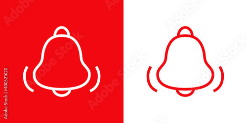 Logotipo timbre de alarma. Icono campana con olas con lineas en fondo rojo y fondo blanco