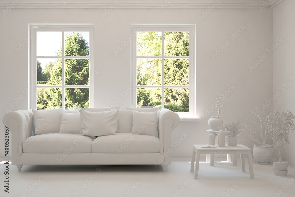 White living room with sofa and summer landscape in window. Scandinavian interior design. 3D illustration White living room with sofa and summer landscape in window. Scandinavian interior design. 3D illustration