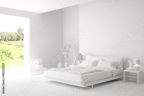 Modern bedroom in white color. Scandinavian interior design. 3D illustration © AntonSh