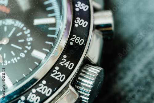 Close-up of luxury chronograph watch photo
