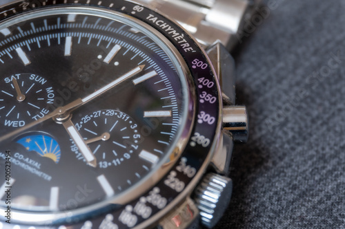 Close-up of luxury chronograph watch