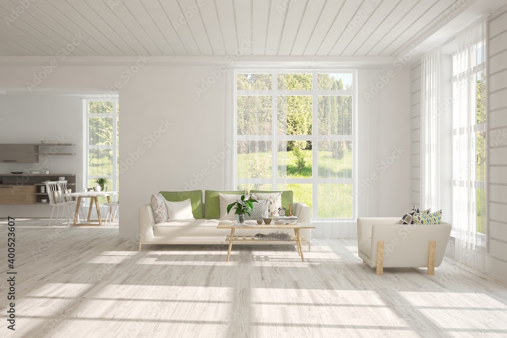 White living room with sofa and summer landscape in window. Scandinavian interior design. 3D illustration White living room with sofa and summer landscape in window. Scandinavian interior design. 3D illustration