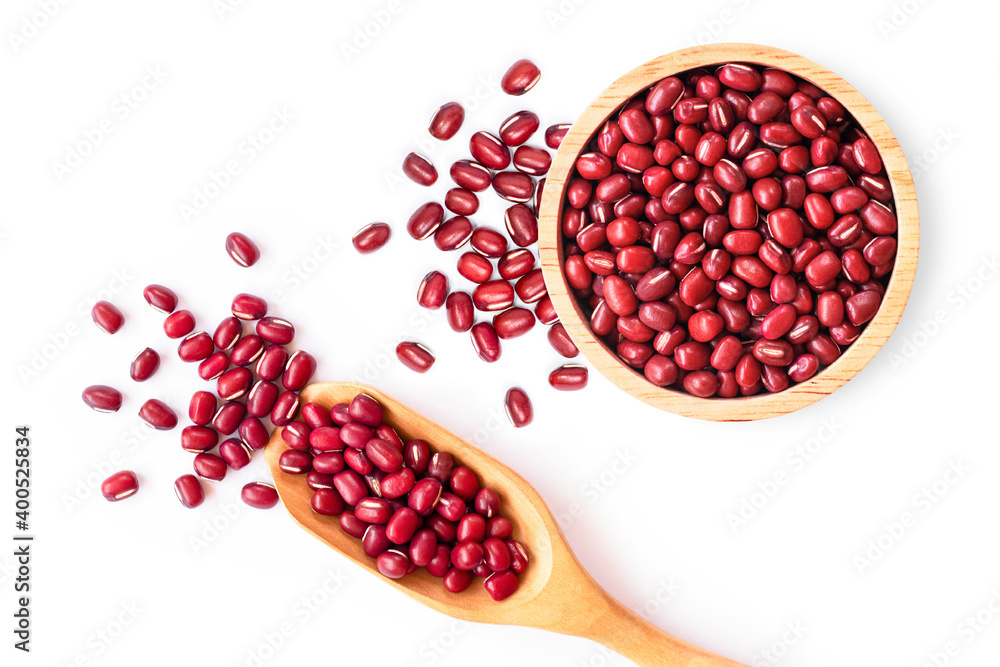 Red small Azuki beans ( Adzuki or japanese red bean ) in wooden bowl